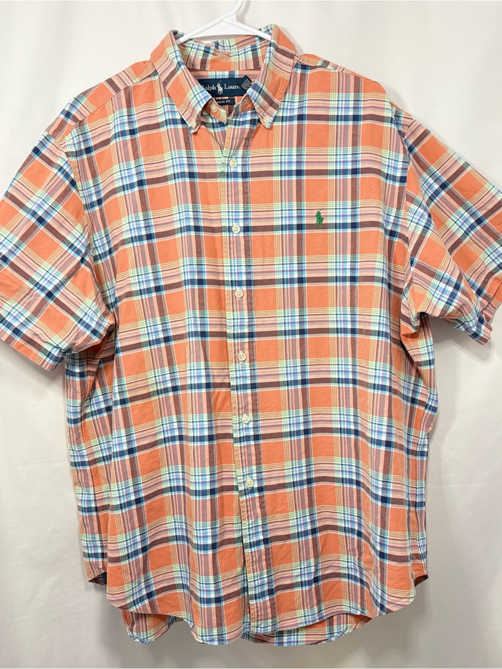 Ralph Lauren Orange Plaid Button-Down Shirt with Blue & White Accents Size XL